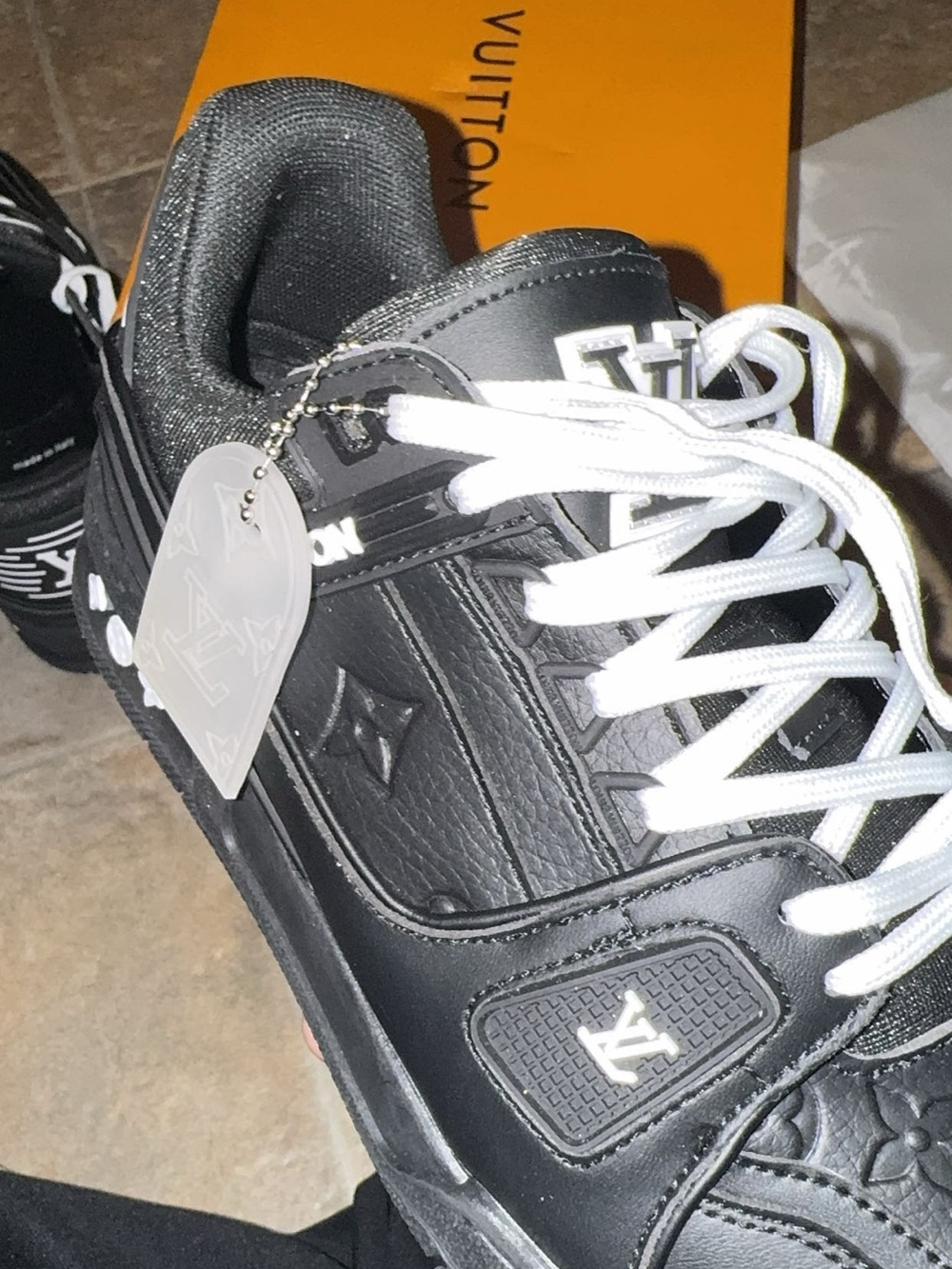 Louis Vuitton Black Leather Men’s Low-Top Sneakers with White Laces